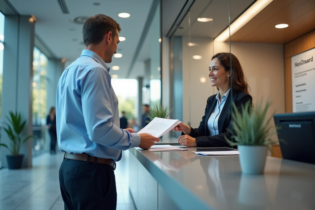 Homme remettant des documents à un officiel dans un bâtiment universitaire