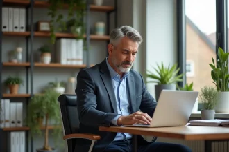 Homme d'âge moyen en blazer étudie immobilier à son bureau