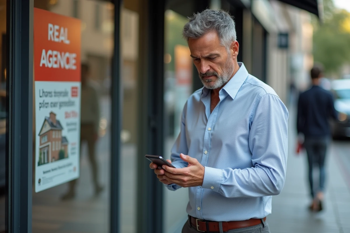 Homme vérifiant des annonces immobilières en extérieur