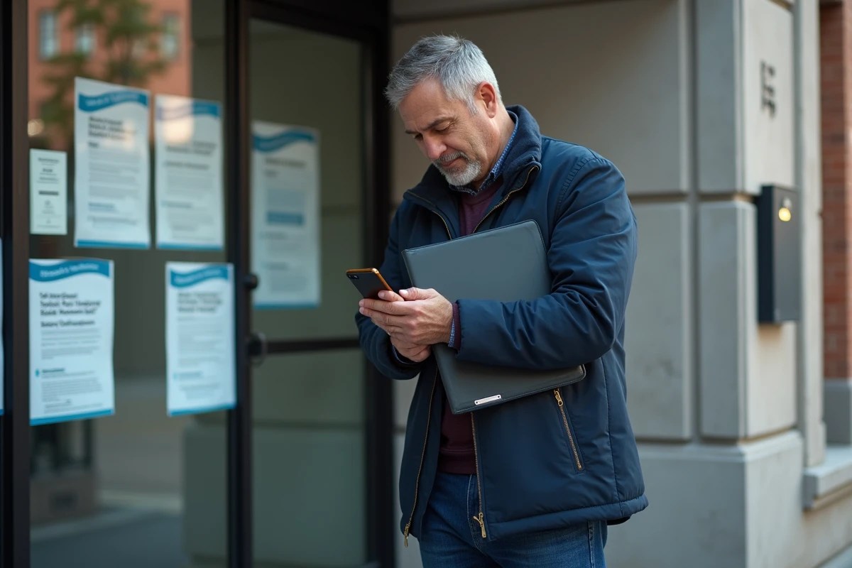 Homme regardant une affiche de logement social devant un bâtiment