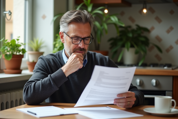 Homme d'âge moyen lisant un bail dans une cuisine française