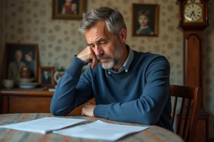 Homme d'âge moyen lisant des documents légaux à la maison