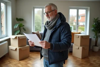 Homme d'âge moyen lisant des papiers dans un salon lumineux