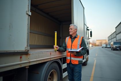 Homme en tenue de travail mesurant un camion de chargement