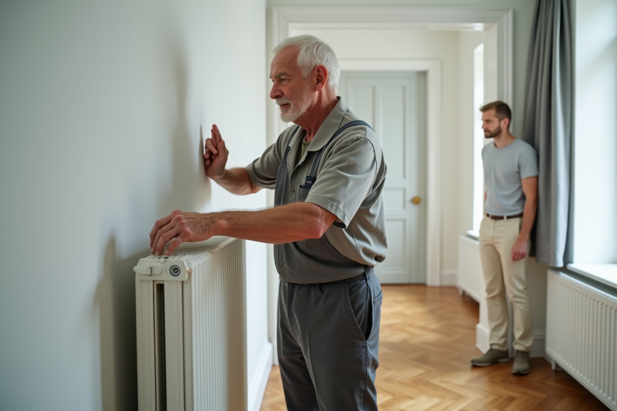Homme âgé montrant comment purger un radiateur dans le couloir