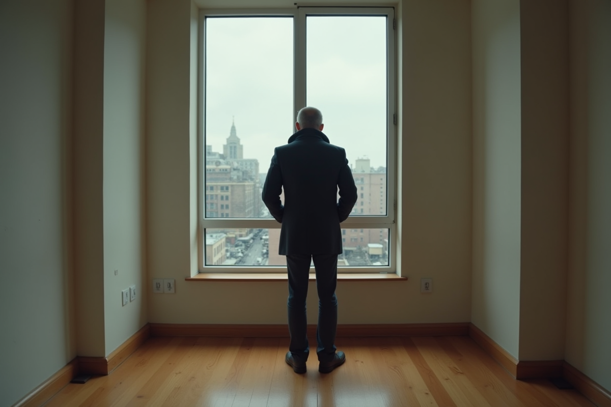Homme pensif regardant par la fenetre d un appartement vide