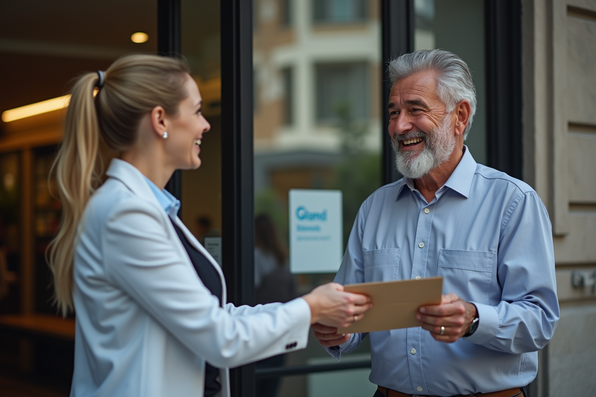 Homme remettant un dossier à un conseiller bancaire en extérieur