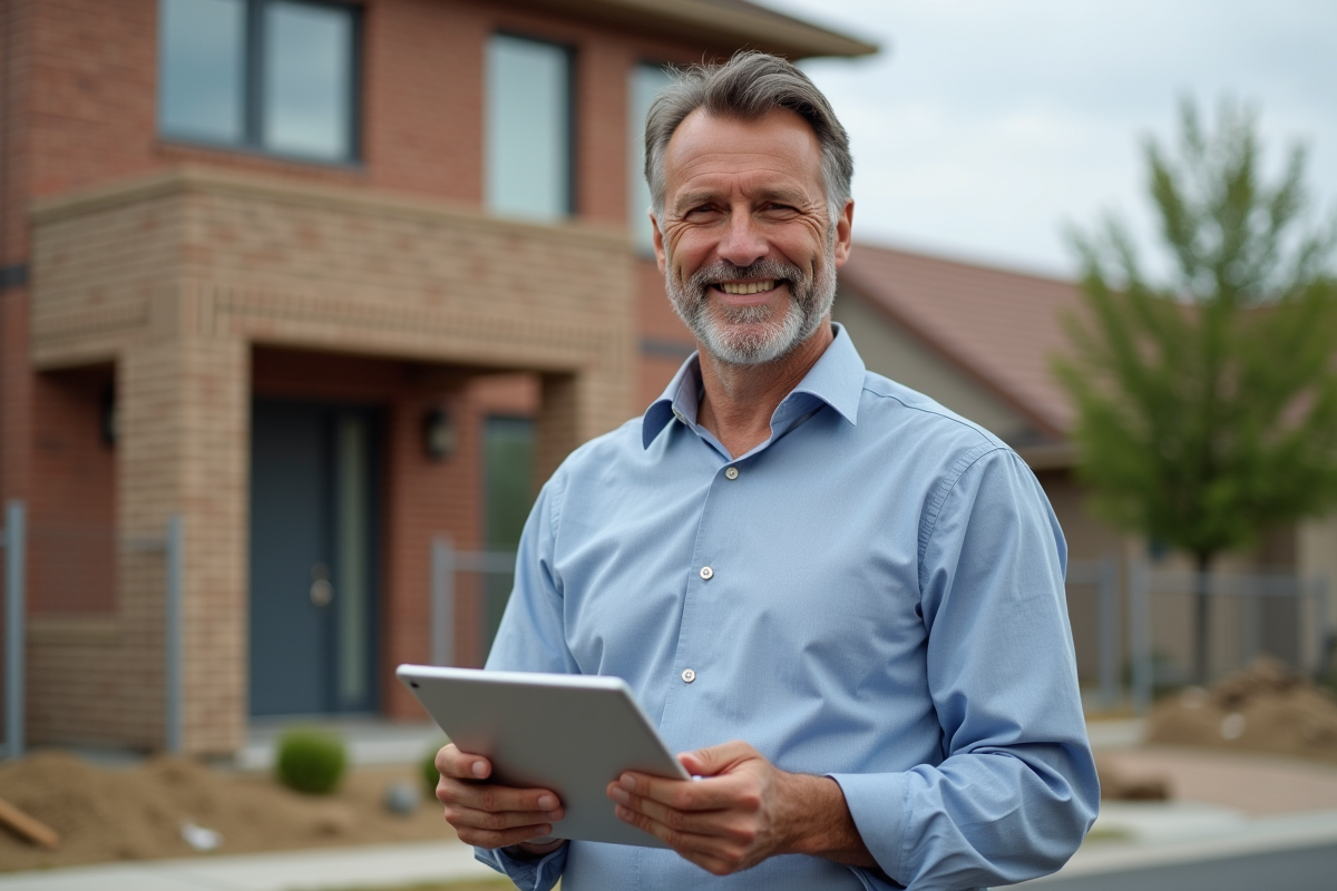 Homme avec tablette devant maison en renovation