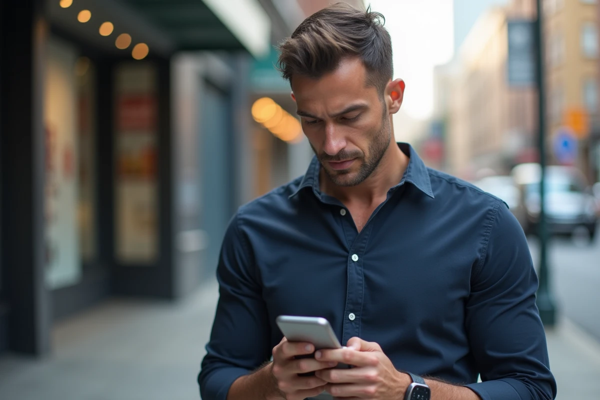Homme debout dans la rue consultant un site web sur son téléphone mobile