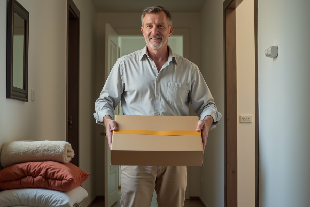Homme scellant une boîte en carton dans un couloir