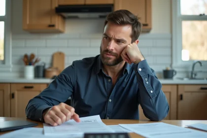 Homme seul face à des documents de crédit immobilier en indivision, exprimant une réflexion anxieuse à une table de cuisine