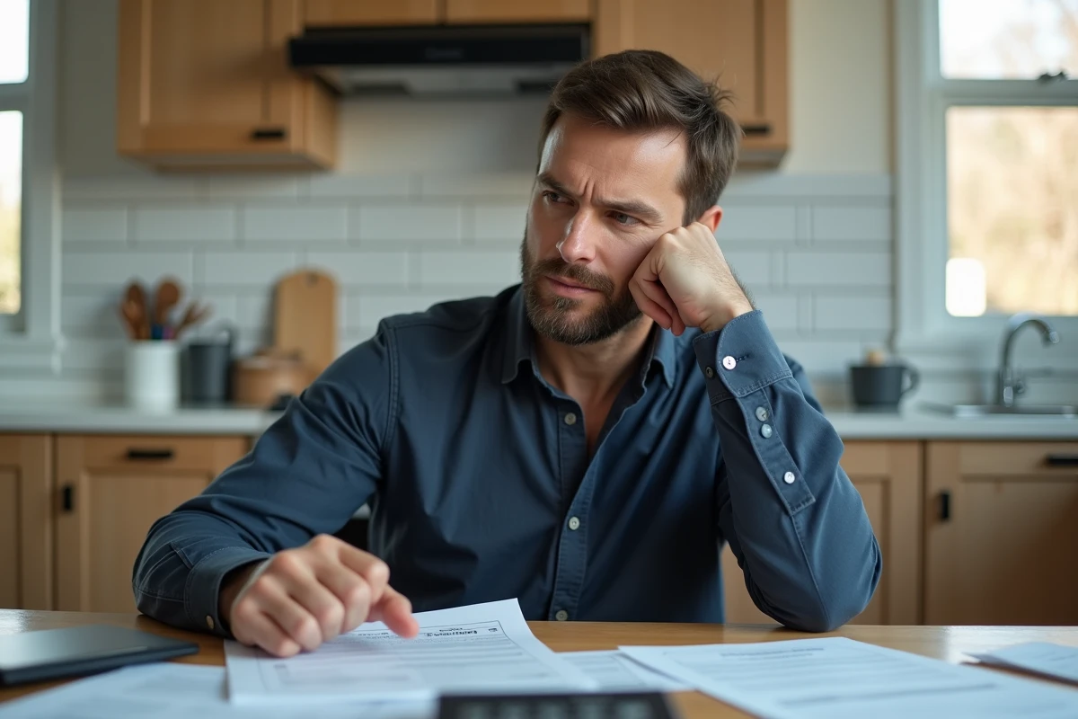 Homme seul face à des documents de crédit immobilier en indivision, exprimant une réflexion anxieuse à une table de cuisine