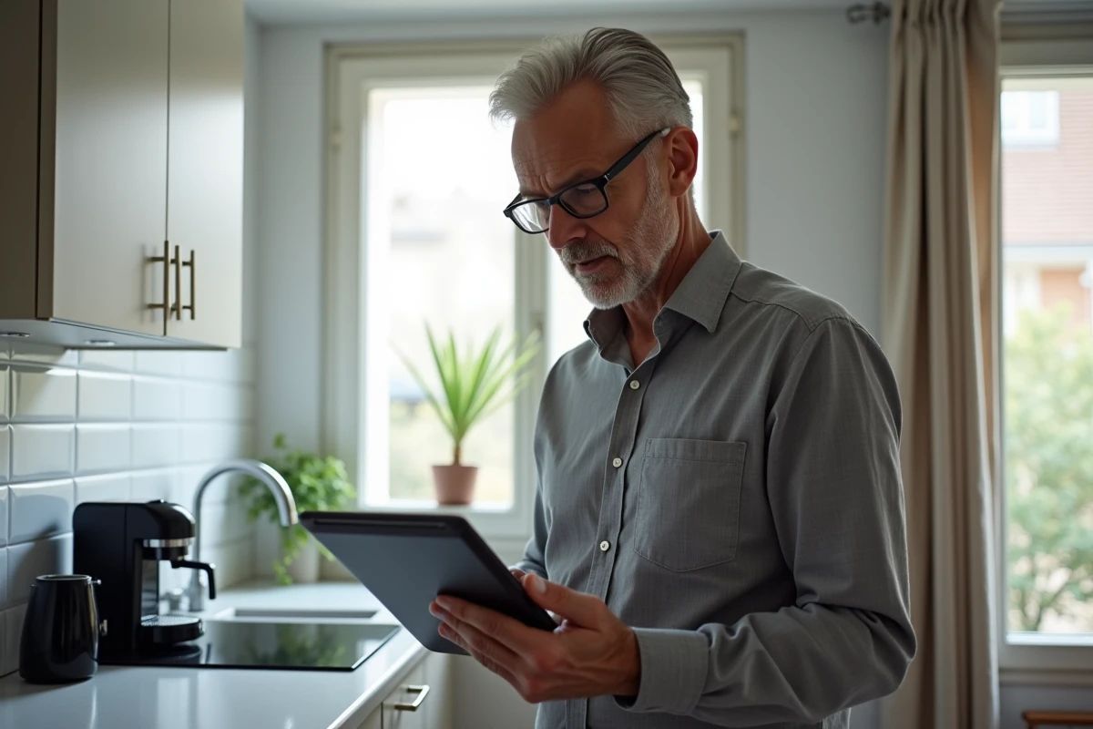 Homme consultant le service LOC annonces Mon compte sur une tablette dans une cuisine parisienne pour accéder à son dossier de logement social