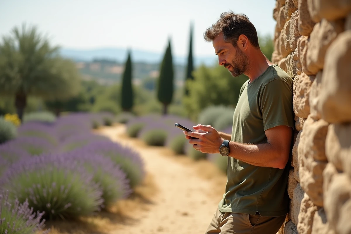 Homme consultant son téléphone devant une maison en pierre dans la campagne provençale après un déménagement dans le sud