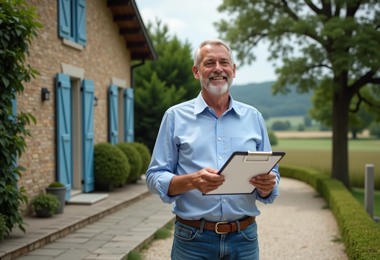 Homme senior examinant un contrat sur une terrasse en pierre