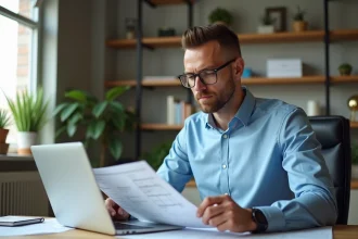 Homme daffaires analysant documents fiscaux dans son bureau