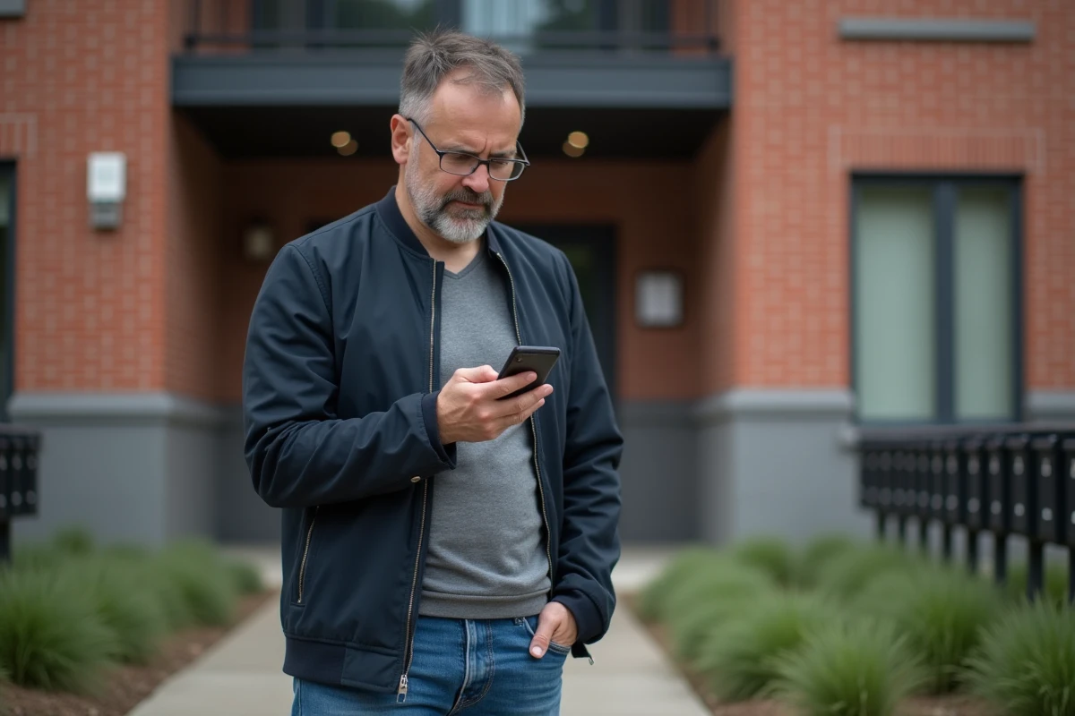 Homme vérifiant une notification Zelok devant son immeuble