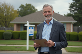 Homme d'âge moyen souriant devant une maison à vendre