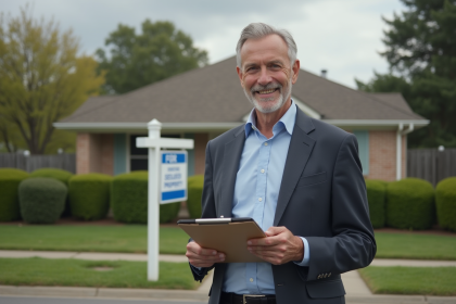 Homme d'âge moyen souriant devant une maison à vendre