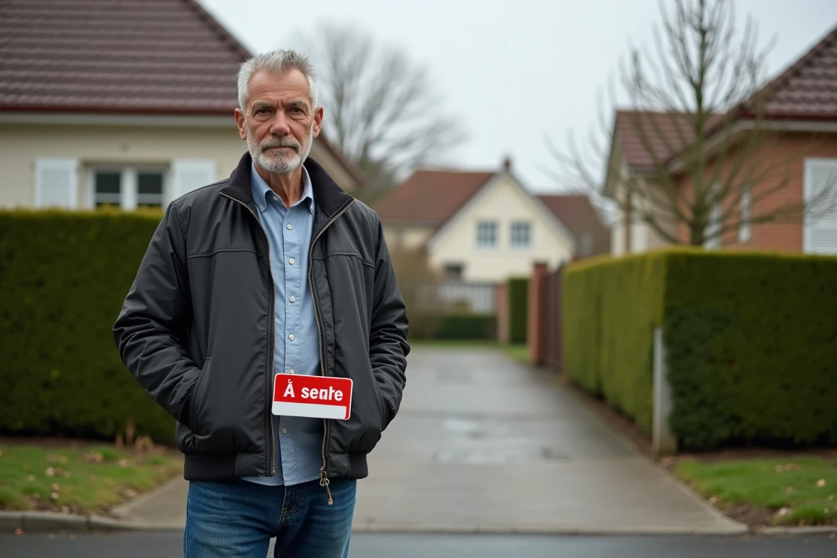 Homme debout devant une maison à vendre avec panneau