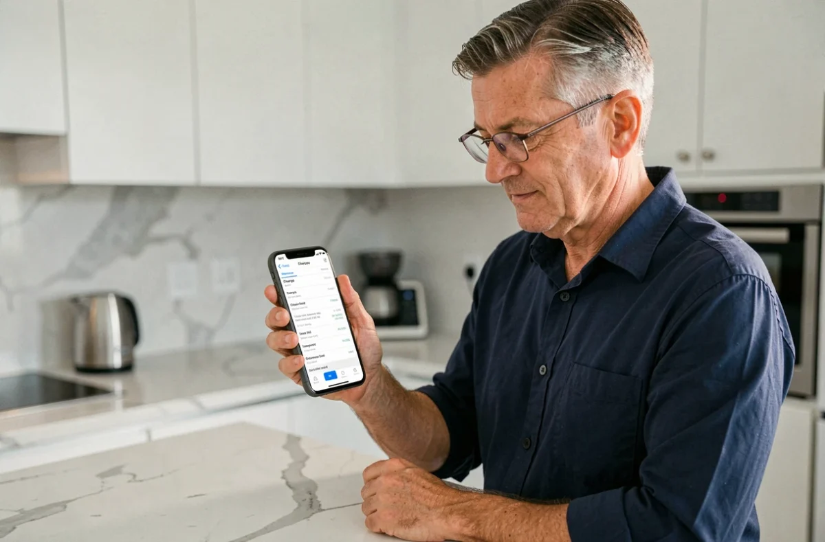 Homme vérifiant ses charges de copropriété depuis l'application MyCitya Mon compte sur smartphone dans une cuisine moderne