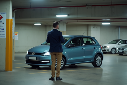 Homme en blazer regardant un panneau de prix dans parking urbain
