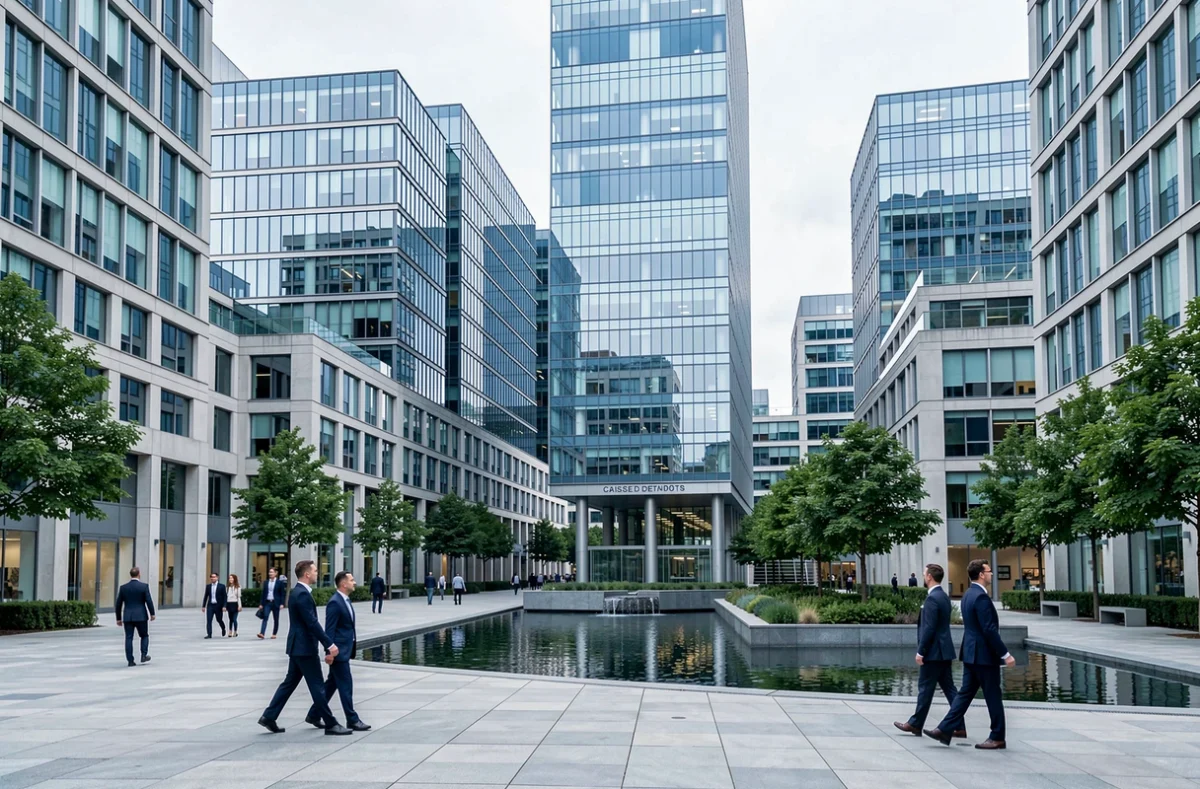 Campus immobilier mixte bureaux et résidentiel dans un quartier d'affaires parisien, architecture en verre et acier, évoquant Icade filiale de la Caisse des Dépôts