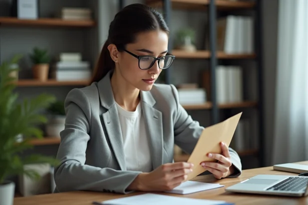 Femme examinant attentivement une enveloppe officielle reçue par courrier à son bureau à domicile