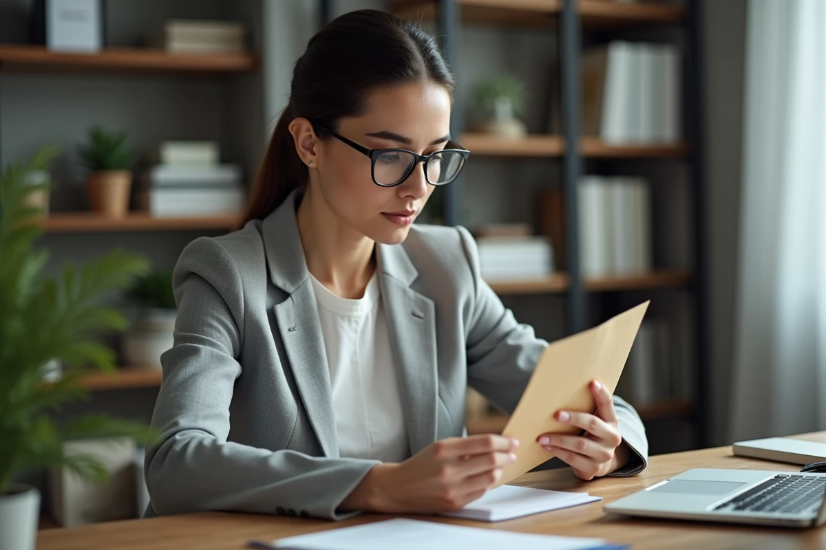 Femme examinant attentivement une enveloppe officielle reçue par courrier à son bureau à domicile