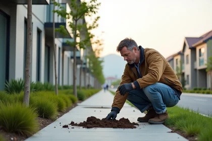 Inspecteur environnement prenant des échantillons de sol devant un immeuble