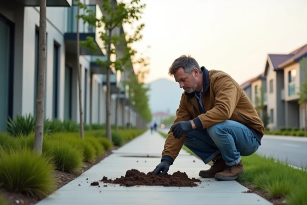 Inspecteur environnement prenant des échantillons de sol devant un immeuble