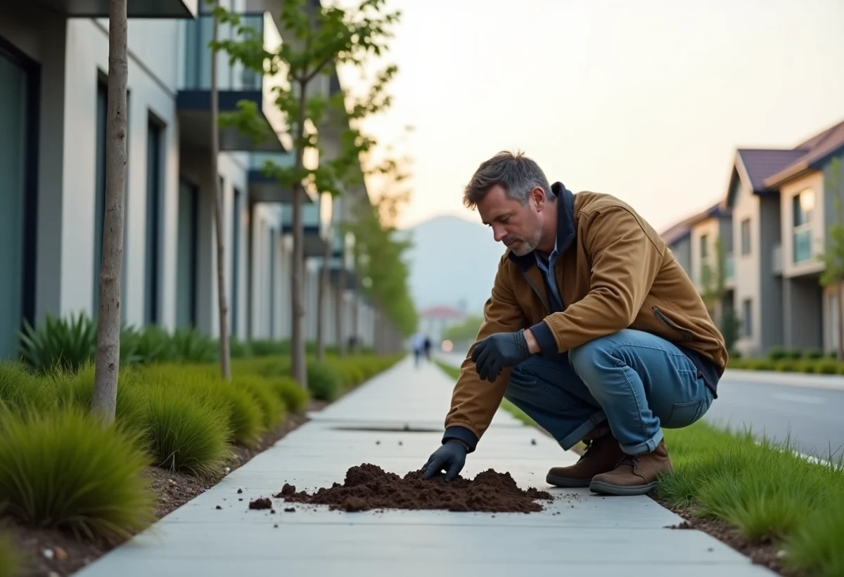 Inspecteur environnement prenant des échantillons de sol devant un immeuble