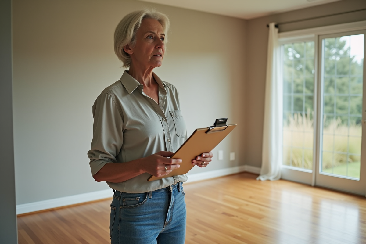 Femme inspectant un salon vacant et vide dans une maison