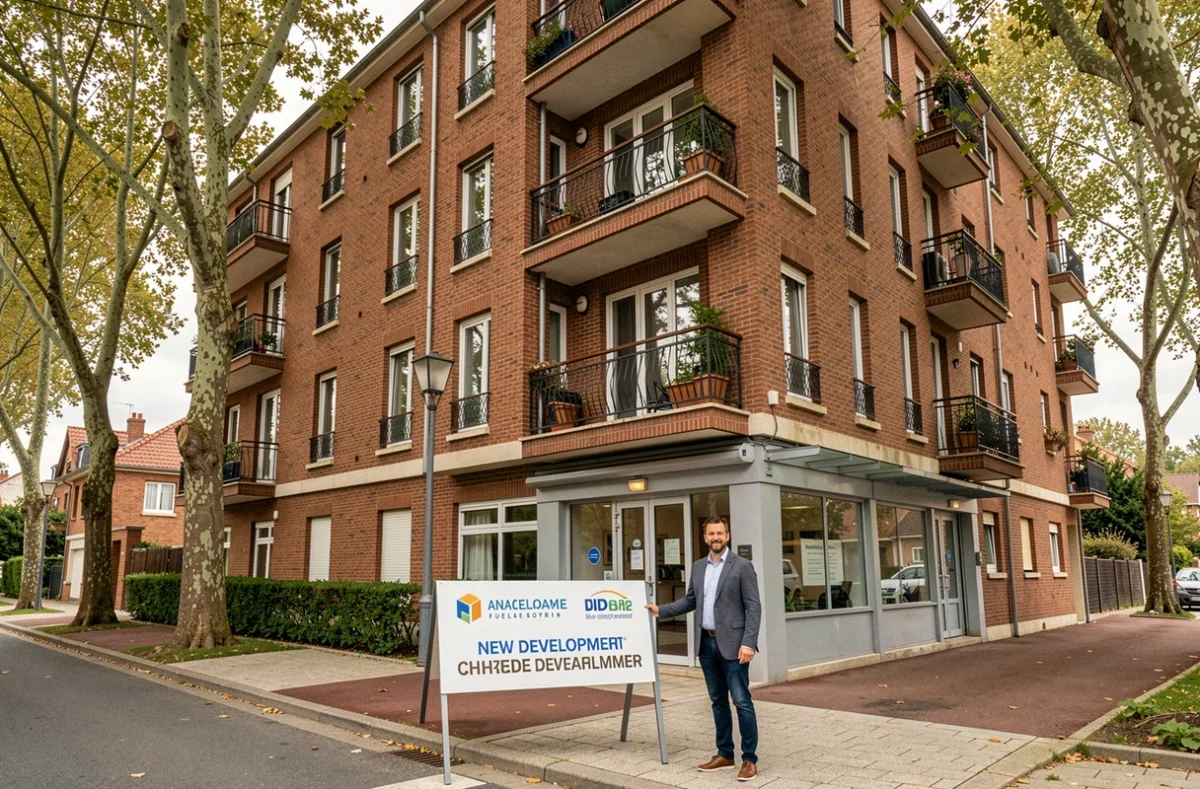 Immeuble résidentiel en brique en Île-de-France avec agent immobilier posant un panneau de programme neuf, illustrant Interconstruction en tant que pure player francilien