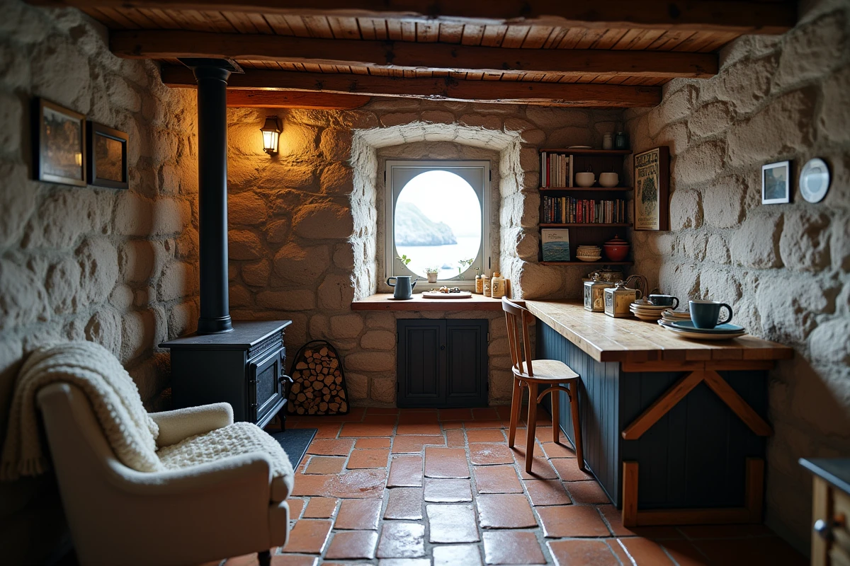 Intérieur d'une petite maison de pêcheur aménagée pour vivre à l'année, avec poêle à bois, poutres apparentes et vue sur la mer
