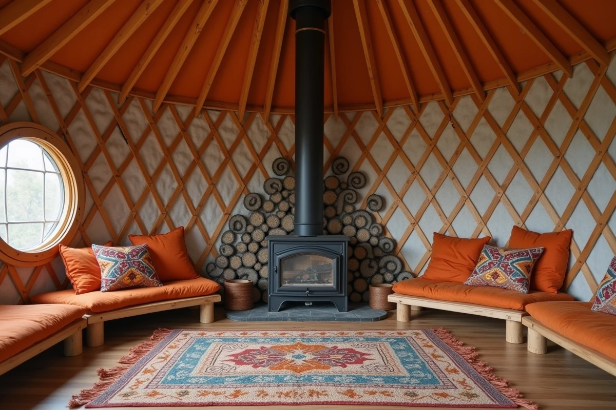 Intérieur chaleureux d'une yourte habitable immédiatement avec poêle à bois, tapis tissés et mobilier bas en bois