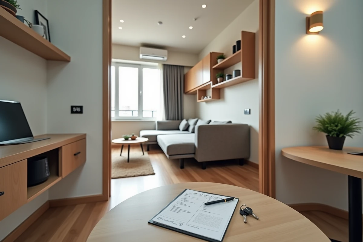 Intérieur de studio meublé prêt à la location avec liste d'inventaire des équipements posée sur la table