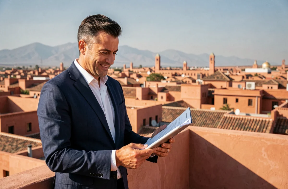 Investisseur immobilier sur la terrasse d'une villa à Marrakech avec vue sur la médina et l'Atlas