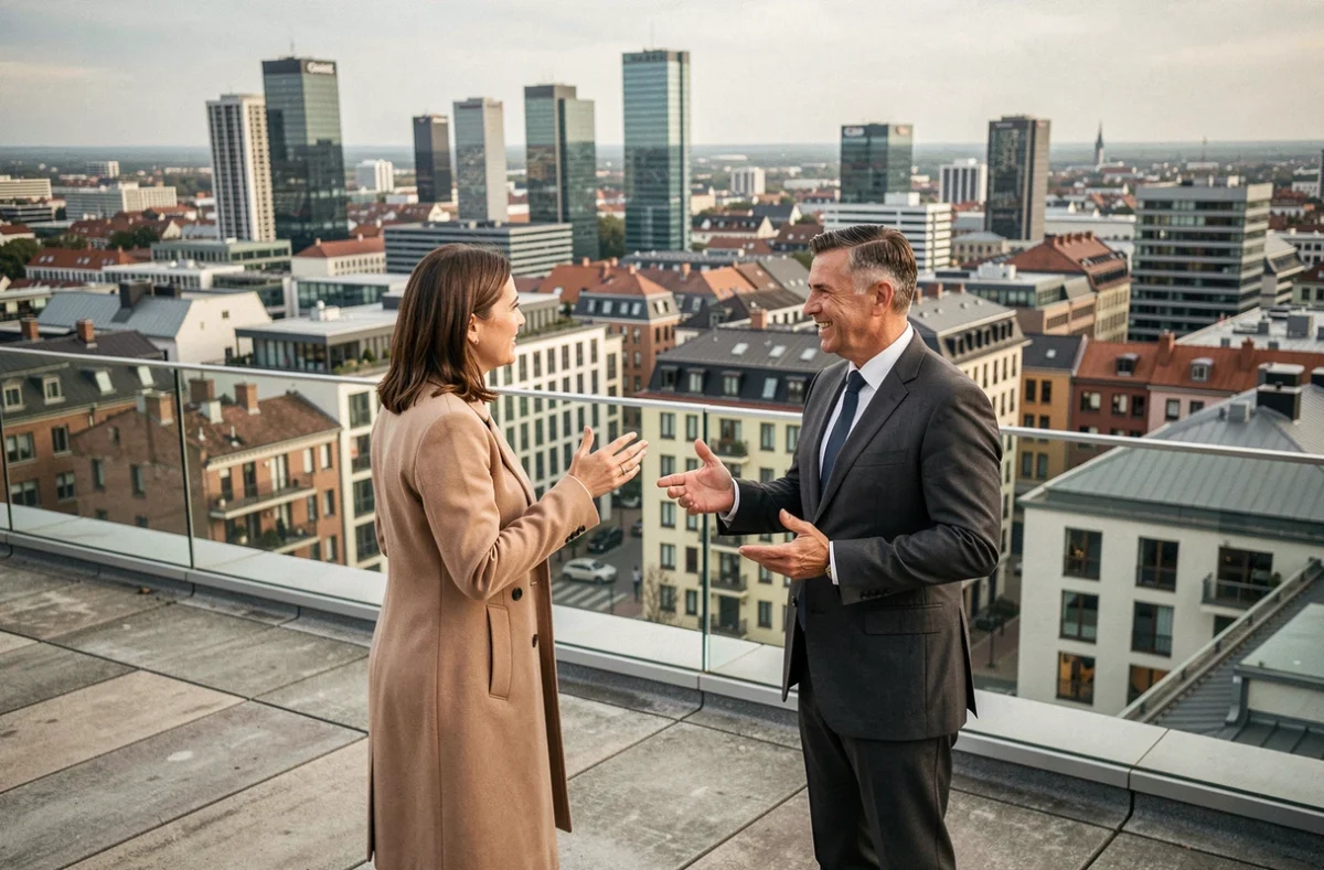 Deux investisseurs immobiliers en discussion sur une terrasse avec panorama sur un centre-ville européen