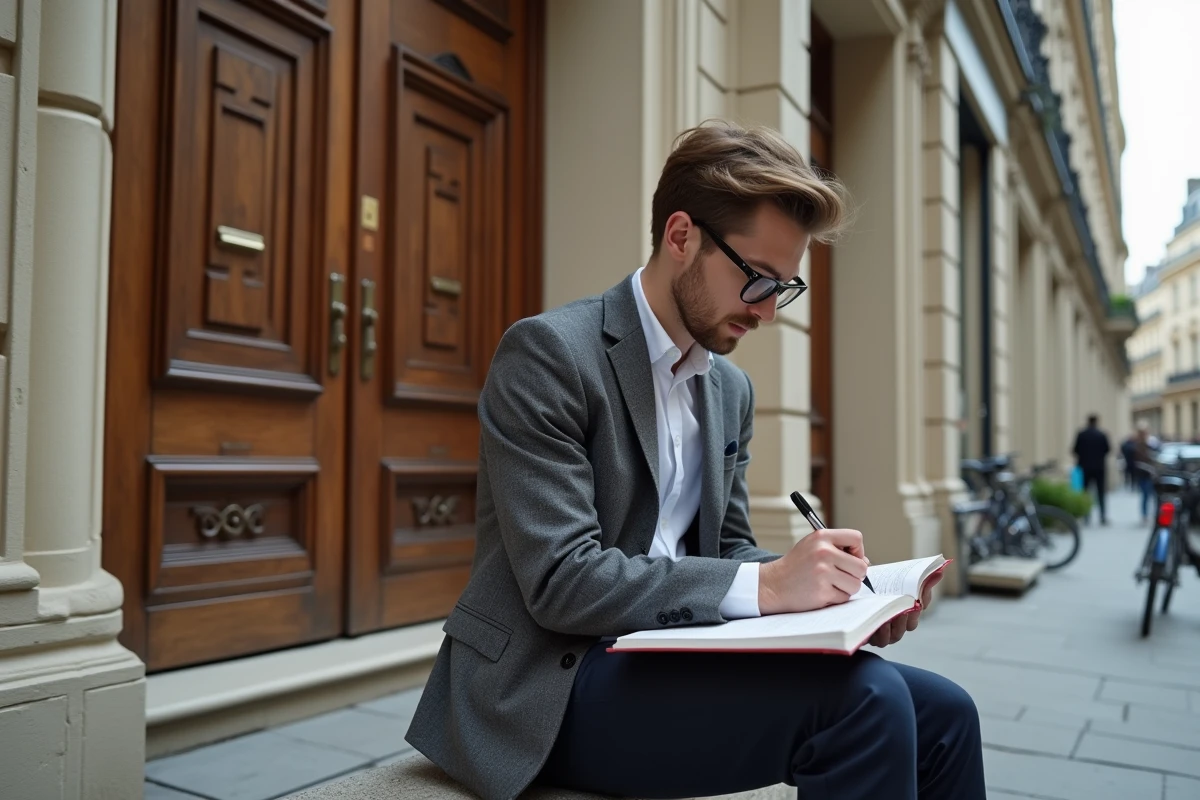 Jeune architecte dessinant façade haussmannienne à Paris