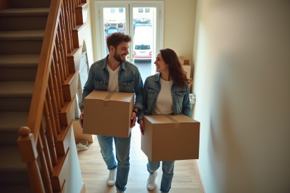 Jeune couple riant en portant des cartons lors d'un déménagement