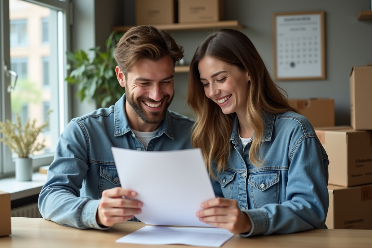 Jeune couple souriant en déménagement dans un appartement moderne