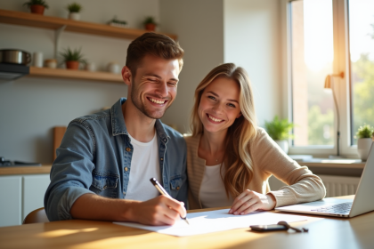 Jeune couple signant un contrat de location dans une cuisine lumineuse
