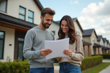 Jeune couple devant une maison neuve en banlieue