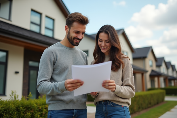Jeune couple devant une maison neuve en banlieue