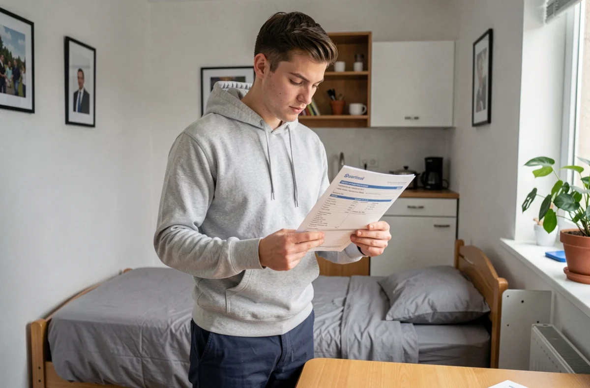 Jeune étudiant examinant un contrat d'assurance habitation dans sa chambre meublée