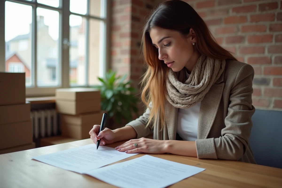 Jeune femme examine un contrat de location dans un salon lumineux