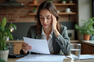 Jeune femme concentrée avec contrat de location et calculatrice