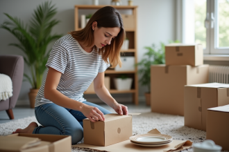 Jeune femme emballant vaisselle dans un salon lumineux