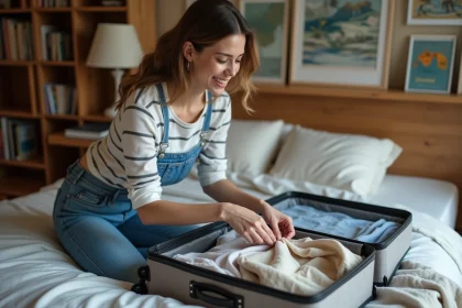 Jeune femme ployant ses vêtements dans une valise pour voyager